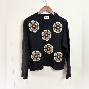 GIGI knitwear bloom sweater fine merino wool black floral size SM